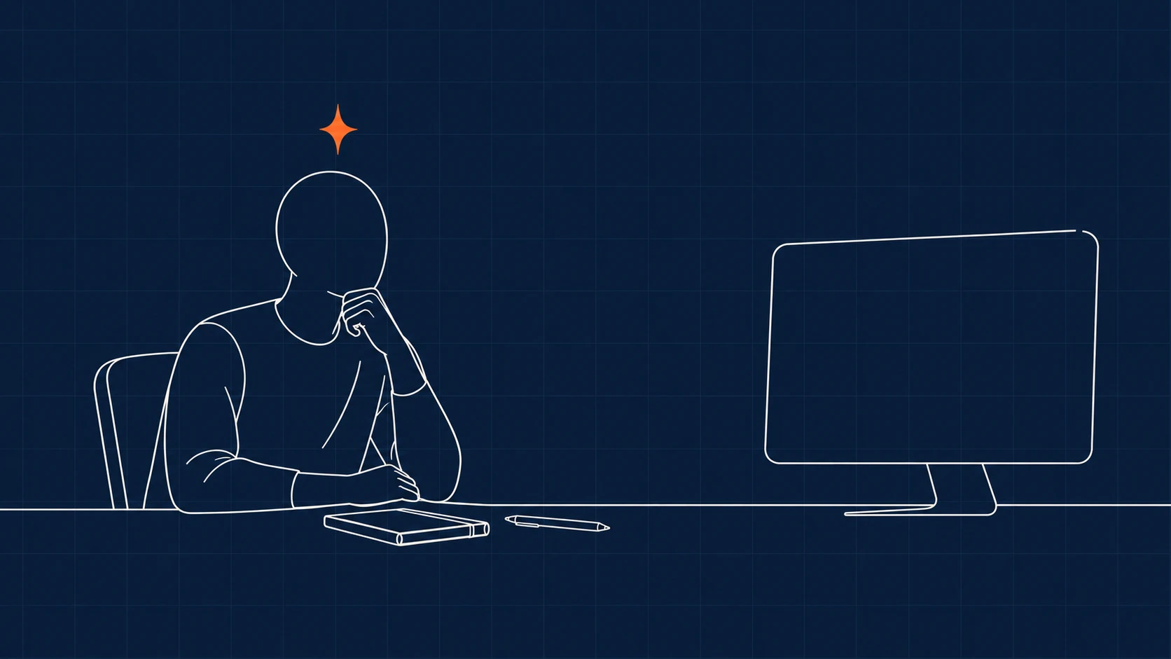 A business owner at a desk with a spark of an idea above their head