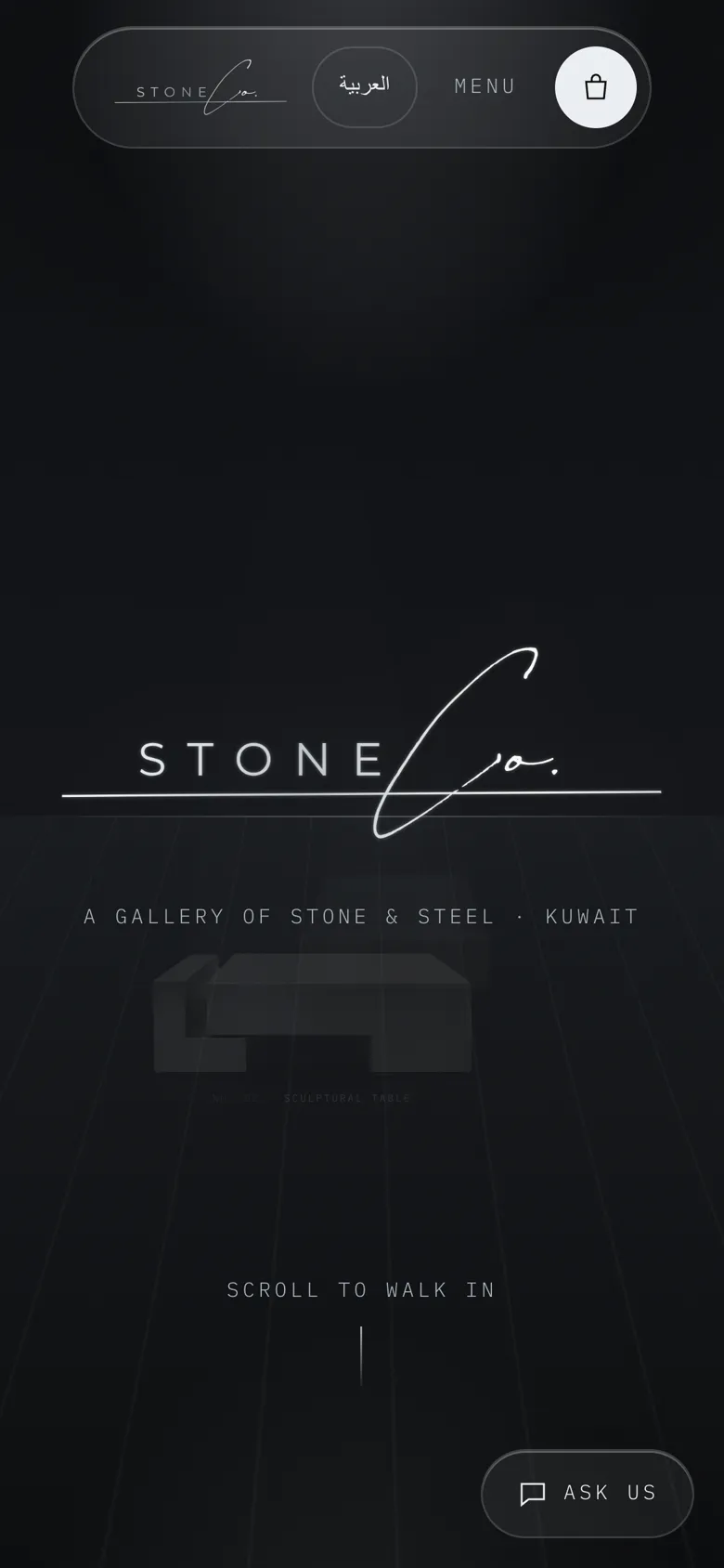 A gallery of stone and steel furniture you walk through like a museum.